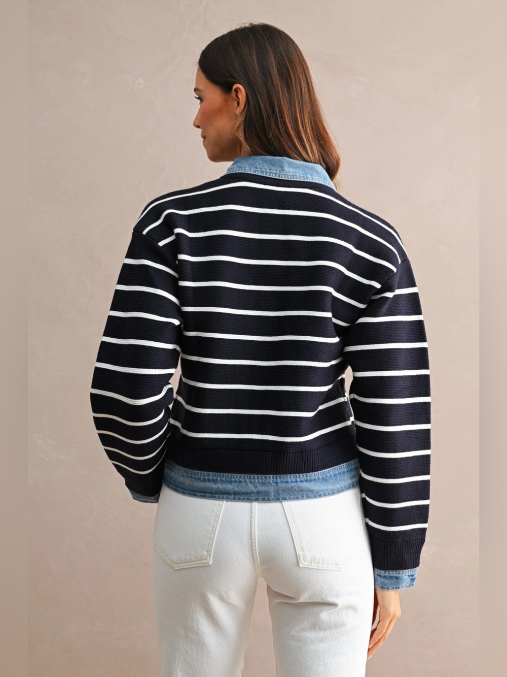 NWT Navy Striped Knit Cardigan with Denim Trim | Button Down Cardigan - Picture 6 of 8